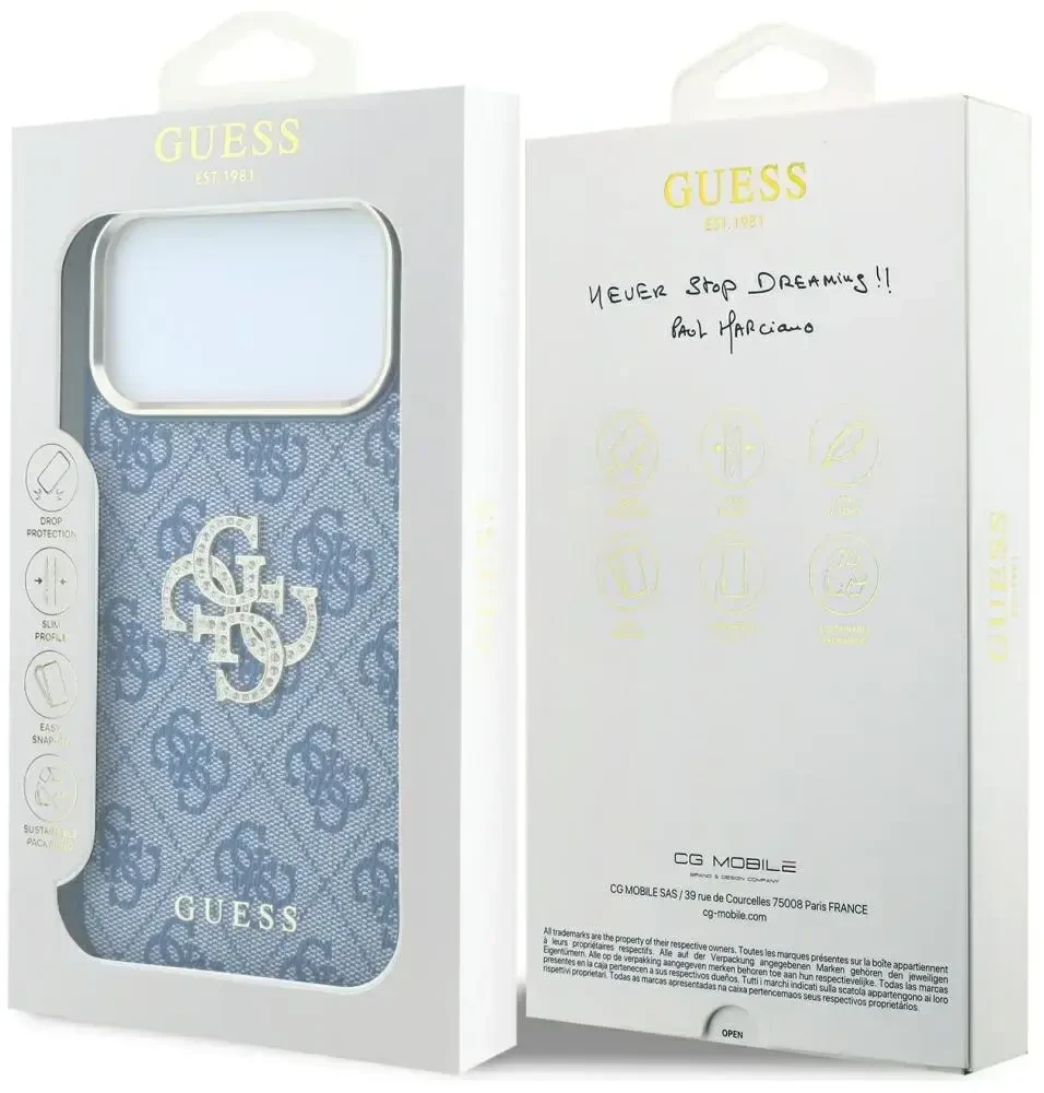 Dėklas Guess 4G & Big Strass Logo do iPhone 18 Pro / 17 Pro mėlyna