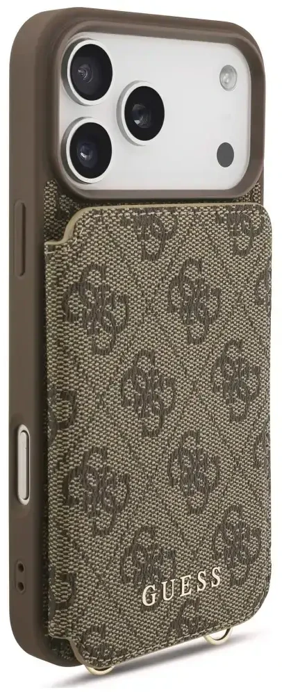 Dėklas Guess 4G kortelių lizdai ir magnetinis užsegimas „Crossbody“ skirtas „iPhone 18 Pro Max / 17 Pro Max“ rudas