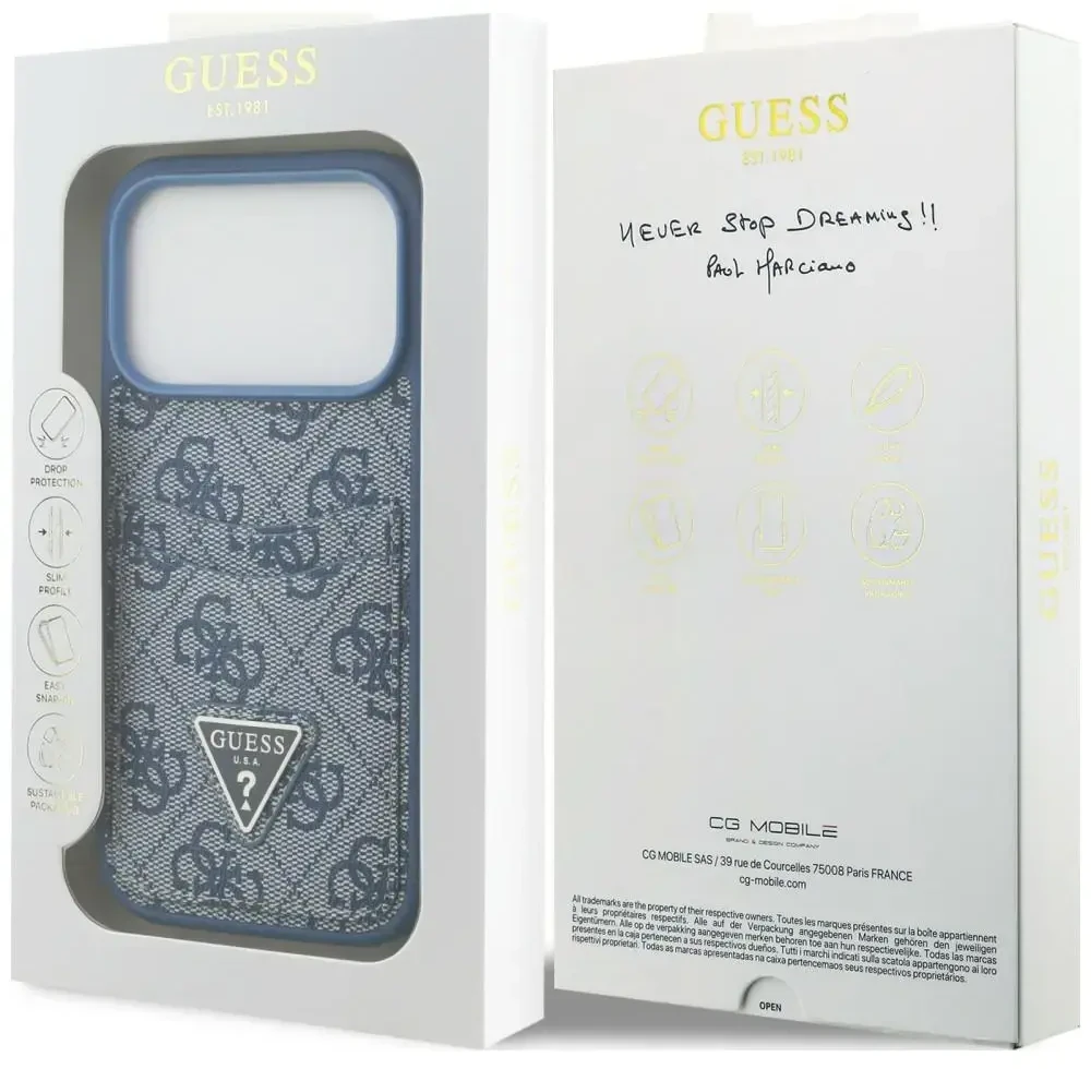 Dėklas Guess 4G Double Card Triange do iPhone 18 Pro / 17 Pro mėlyna