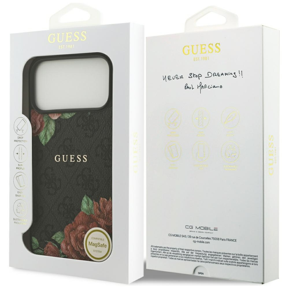 „Guess 4G“ gėlių rašto „MagSafe“ dėklas, skirtas „iPhone 17 Pro“ - juodas
