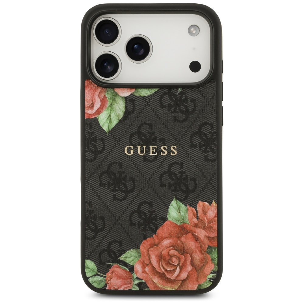 „Guess 4G“ gėlių rašto „MagSafe“ dėklas, skirtas „iPhone 17 Pro“ - juodas