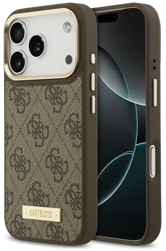 Dėklas Guess 4G Logo Plate MagSafe do iPhone 18 Pro Max / 17 Pro Max ruda