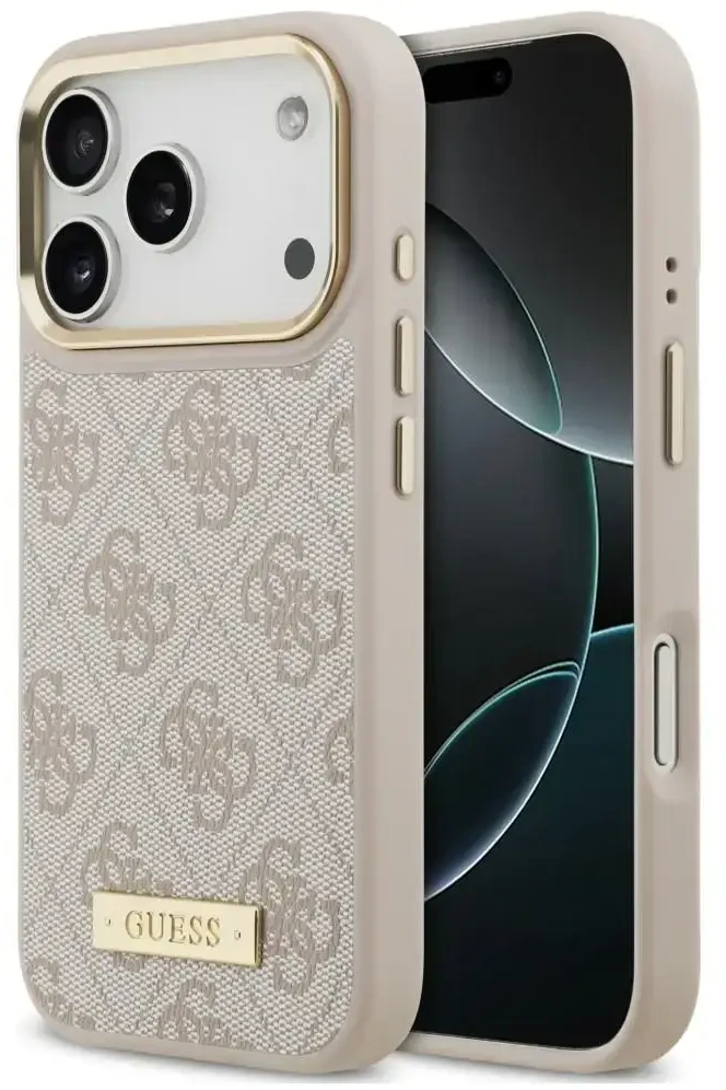Dėklas Guess 4G Logo Plate MagSafe do iPhone 18 Pro / 17 Pro rožinė