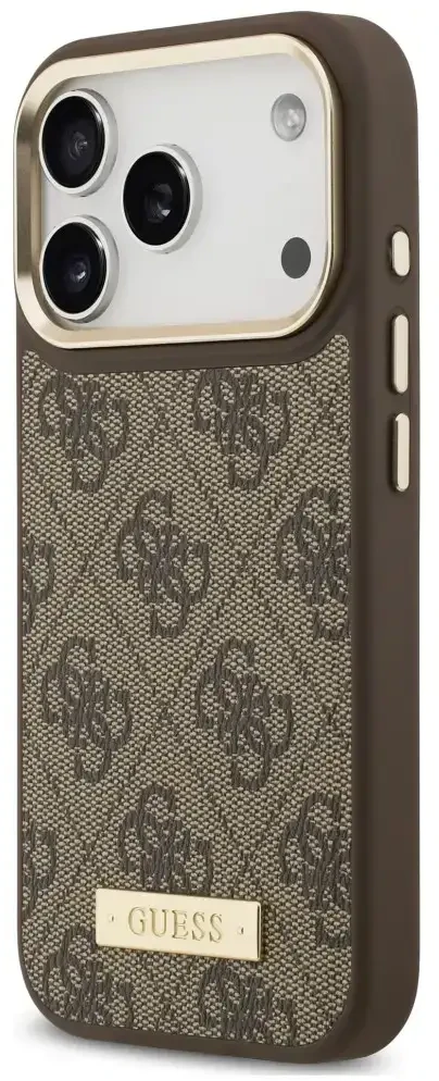 Dėklas Guess 4G Logo Plate MagSafe do iPhone 18 Pro / 17 Pro ruda