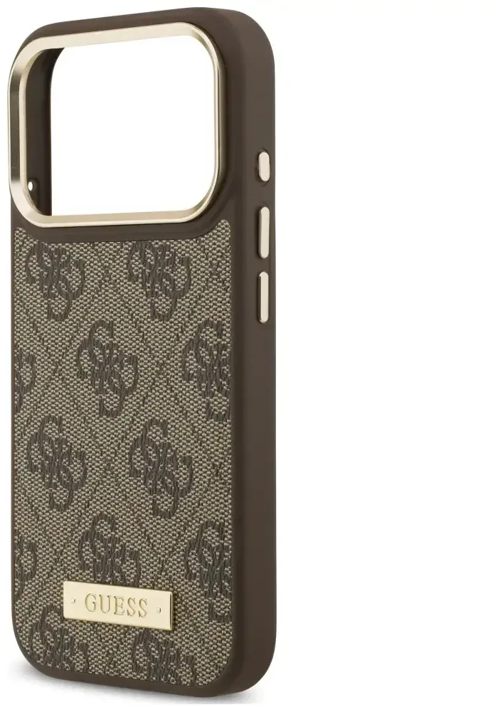 Dėklas Guess 4G Logo Plate MagSafe do iPhone 18 Pro / 17 Pro ruda