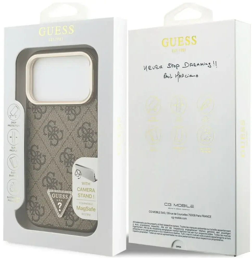 Dėklas Guess 4G PU Triangle Logo & Stand Camera Magsafe do iPhone 18 Pro / 17 Pro ruda