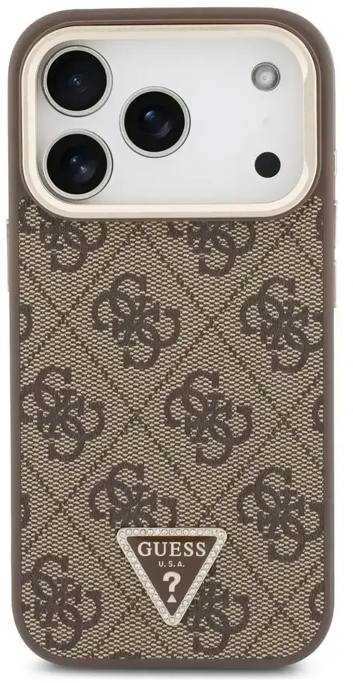Dėklas Guess 4G PU Triangle Logo & Stand Camera Magsafe do iPhone 18 Pro / 17 Pro ruda