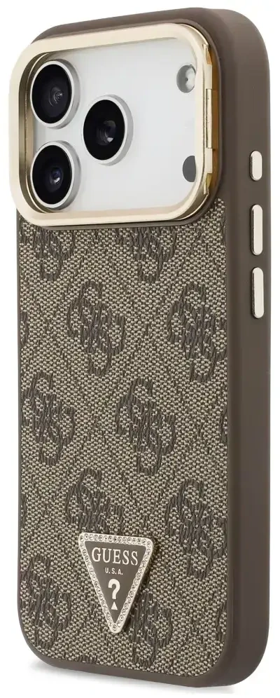 Dėklas Guess 4G PU Triangle Logo & Stand Camera Magsafe do iPhone 18 Pro / 17 Pro ruda