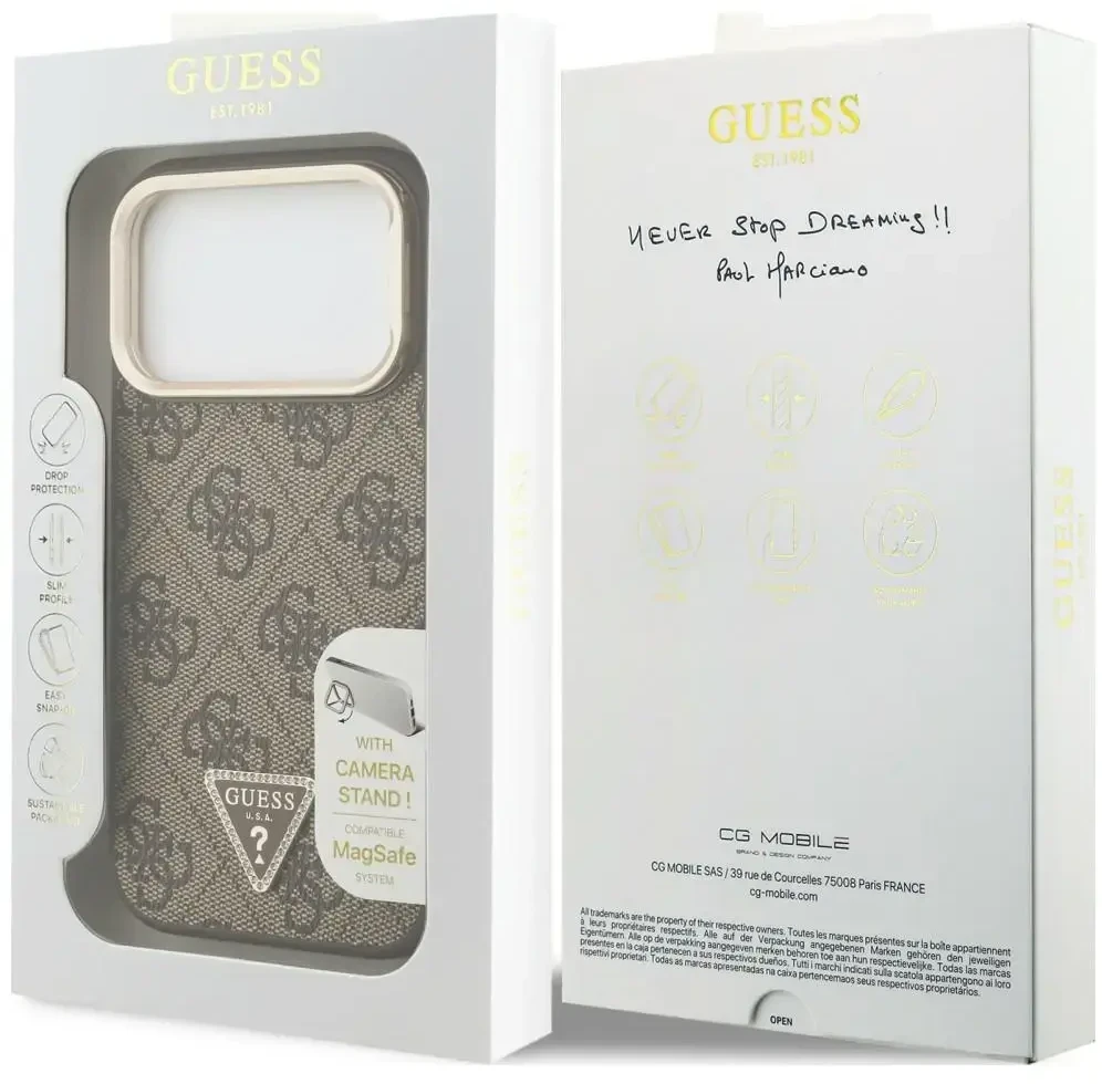 Dėklas Guess 4G PU Triangle Logo & Stand Camera Magsafe do iPhone 18 Pro Max / 17 Pro Max ruda
