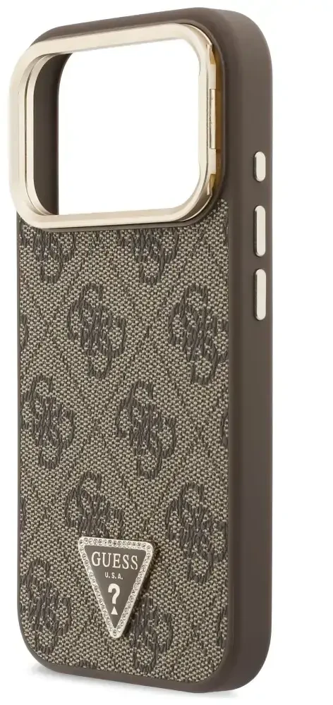 Dėklas Guess 4G PU Triangle Logo & Stand Camera Magsafe do iPhone 18 Pro / 17 Pro ruda