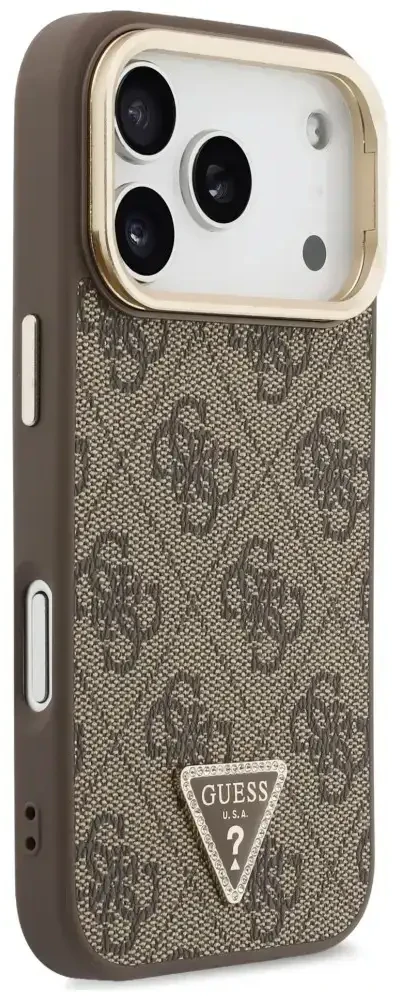 Dėklas Guess 4G PU Triangle Logo & Stand Camera Magsafe do iPhone 18 Pro / 17 Pro ruda