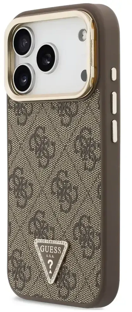 Dėklas Guess 4G PU Triangle Logo & Stand Camera Magsafe do iPhone 18 Pro Max / 17 Pro Max ruda