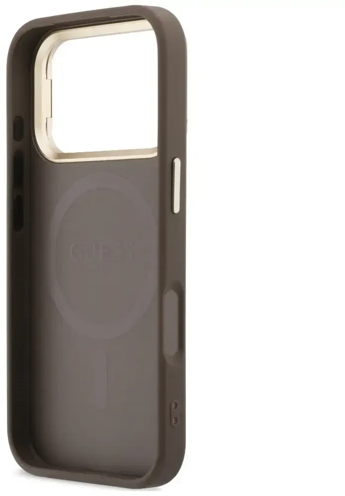 Dėklas Guess 4G PU Triangle Logo & Stand Camera Magsafe do iPhone 18 Pro Max / 17 Pro Max ruda
