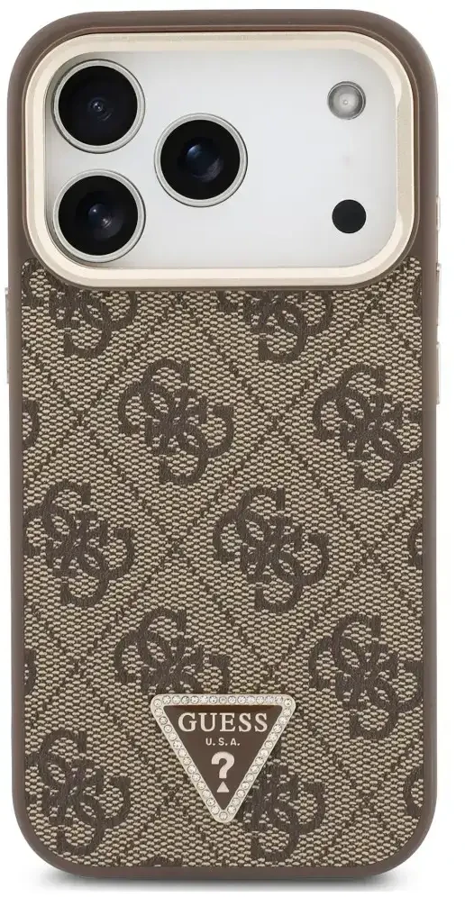 Dėklas Guess 4G PU Triangle Logo & Stand Camera Magsafe do iPhone 18 Pro Max / 17 Pro Max ruda