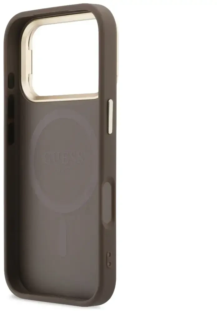Dėklas Guess 4G PU Triangle Logo & Stand Camera Magsafe do iPhone 18 Pro / 17 Pro ruda