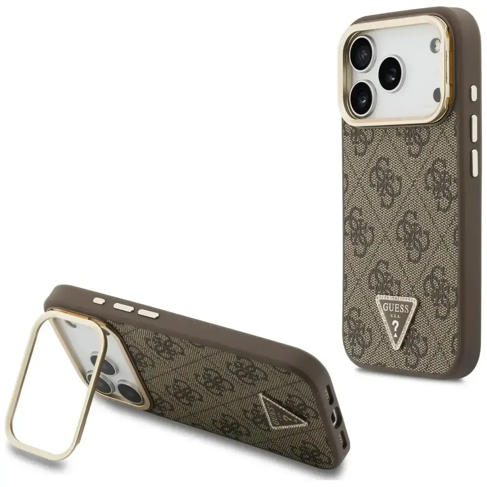 Dėklas Guess 4G PU Triangle Logo & Stand Camera Magsafe do iPhone 18 Pro Max / 17 Pro Max ruda