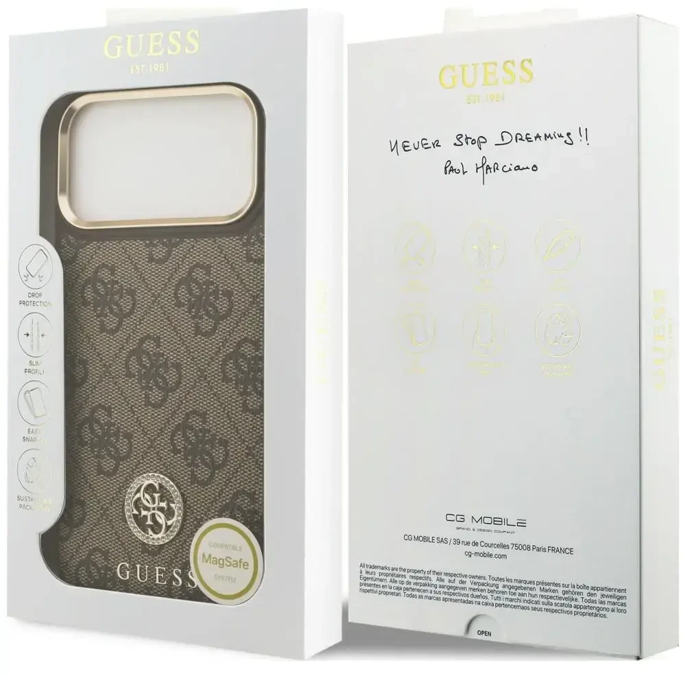 Dėklas Guess 4G Strass Logo MagSafe do iPhone 18 Pro Max / 17 Pro Max ruda