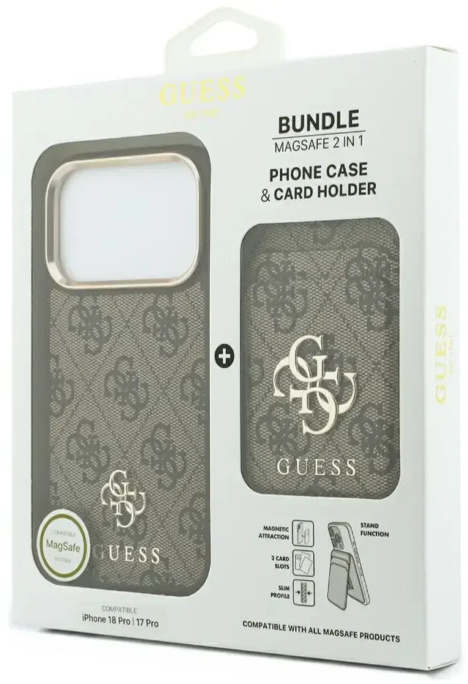 Dėklas Guess 4G su portfelem Magsafe do iPhone 18 Pro / 17 Pro ruda