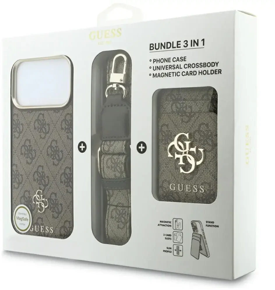 Dėklas Guess 4G su portfelem i smyczą MagSafe do iPhone 18 Pro / 17 Pro ruda