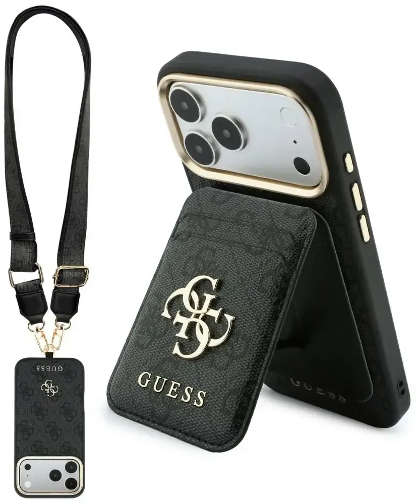 Dėklas Guess 4G su portfelem i smyczą Magsafe do iPhone 18 Pro Max / 17 Pro Max juoda