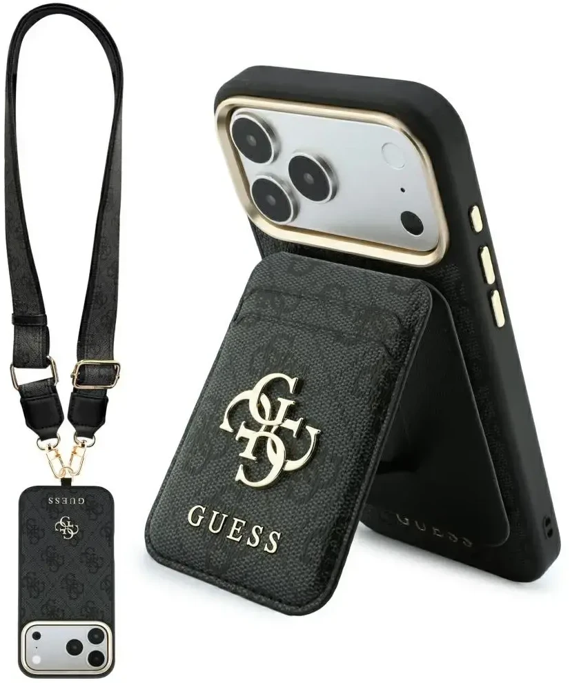 Dėklas Guess 4G su portfelem i smyczą Magsafe do iPhone 18 Pro / 17 Pro juoda