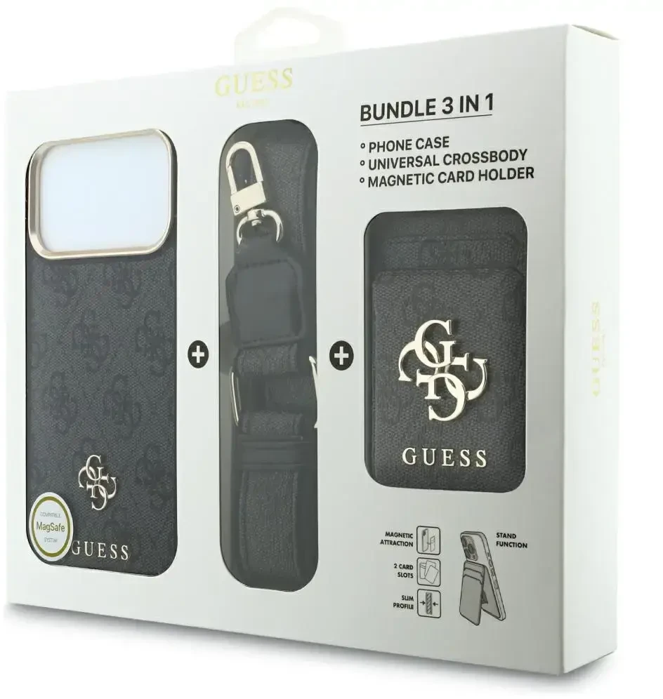 Dėklas Guess 4G su portfelem i smyczą Magsafe do iPhone 18 Pro / 17 Pro juoda