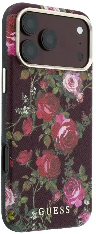 Dėklas Guess Blossom Roses Print MagSafe do iPhone 18 Pro Max / 17 Pro Max bordo spalvos