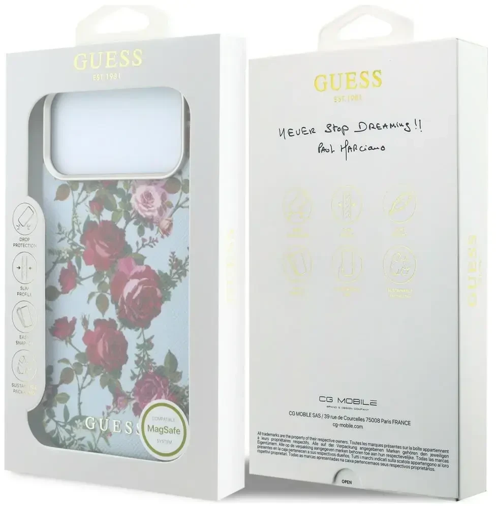 Dėklas Guess Blossom Roses Print MagSafe do iPhone 18 Pro / 17 Pro mėlyna