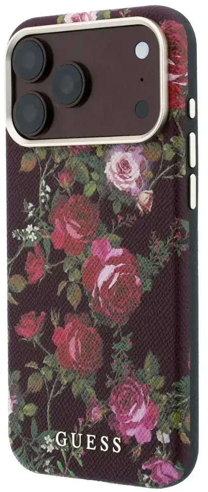 Dėklas Guess Blossom Roses Print MagSafe do iPhone 18 Pro Max / 17 Pro Max bordo spalvos