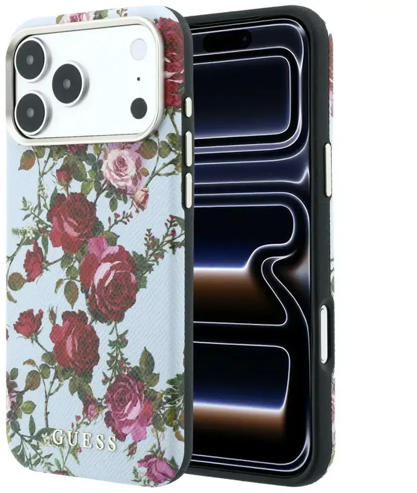 Dėklas Guess Blossom Roses Print MagSafe do iPhone 18 Pro / 17 Pro mėlyna