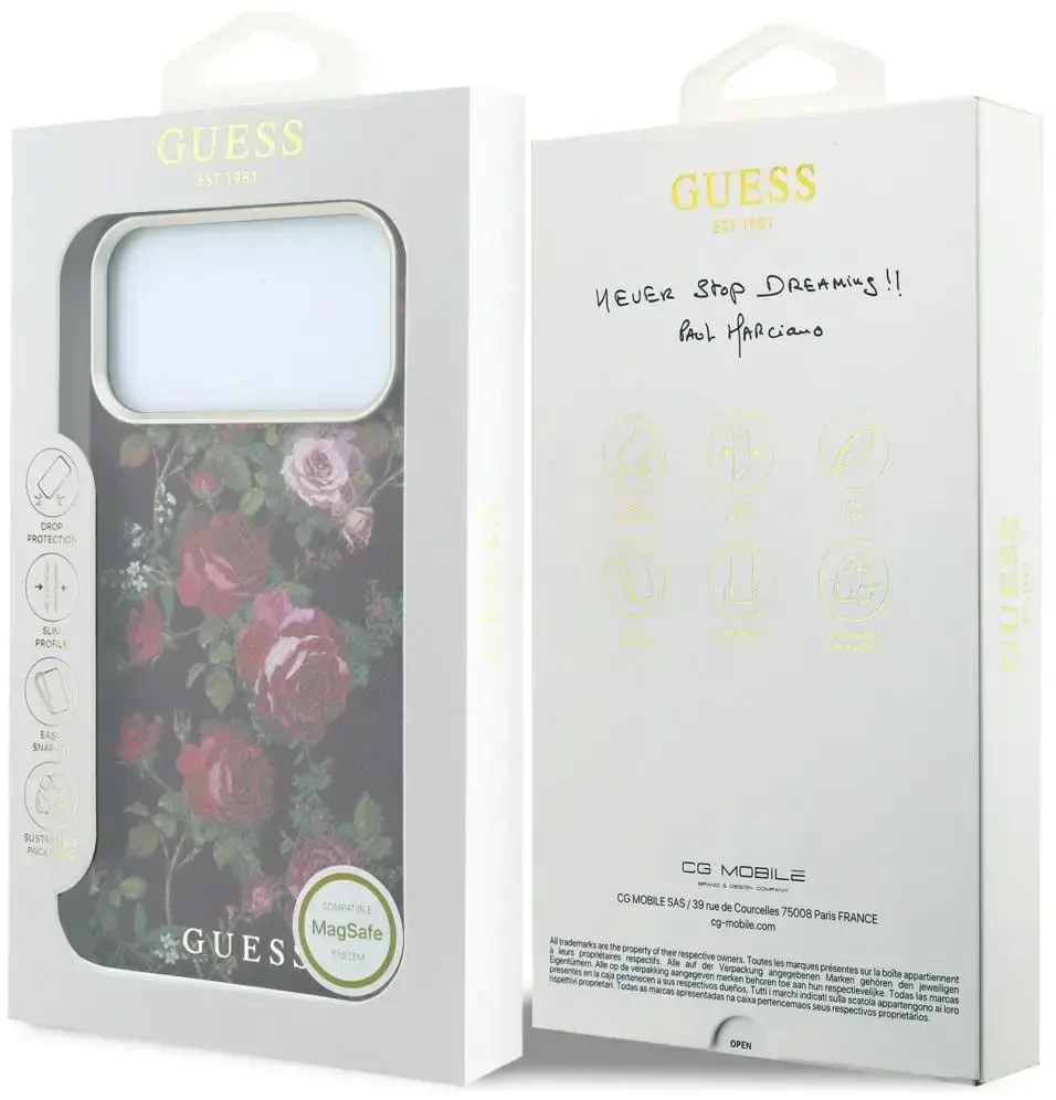 Dėklas Guess Blossom Roses Print MagSafe do iPhone 18 Pro Max / 17 Pro Max bordo spalvos