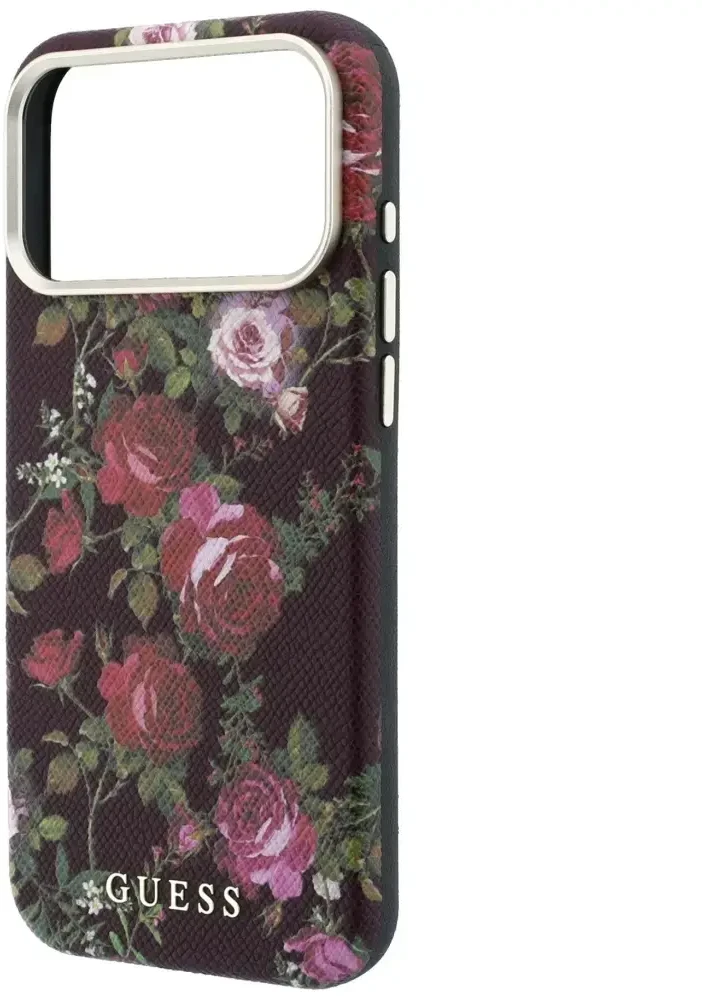 Dėklas Guess Blossom Roses Print MagSafe do iPhone 18 Pro Max / 17 Pro Max bordo spalvos