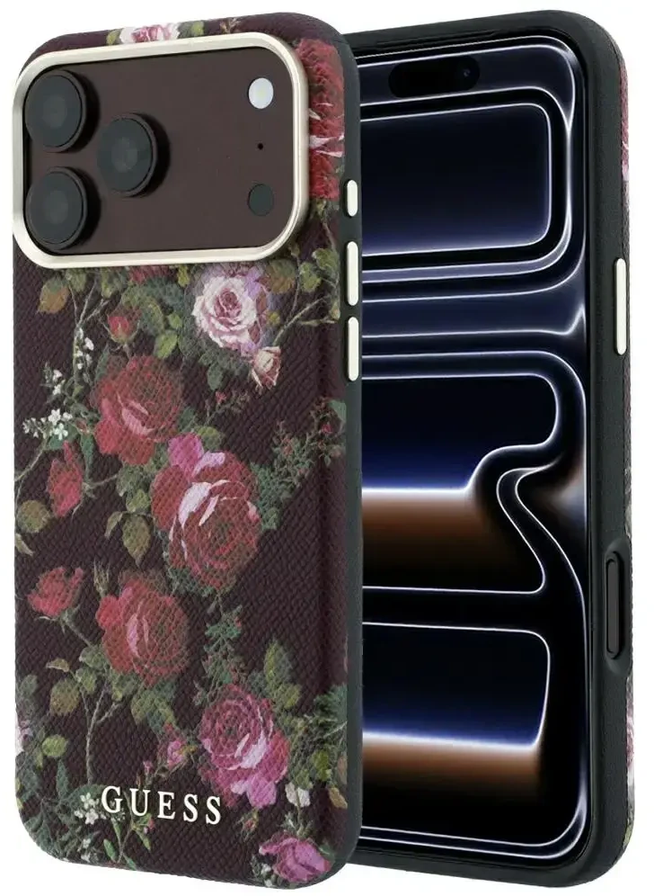 Dėklas Guess Blossom Roses Print MagSafe do iPhone 18 Pro Max / 17 Pro Max bordo spalvos