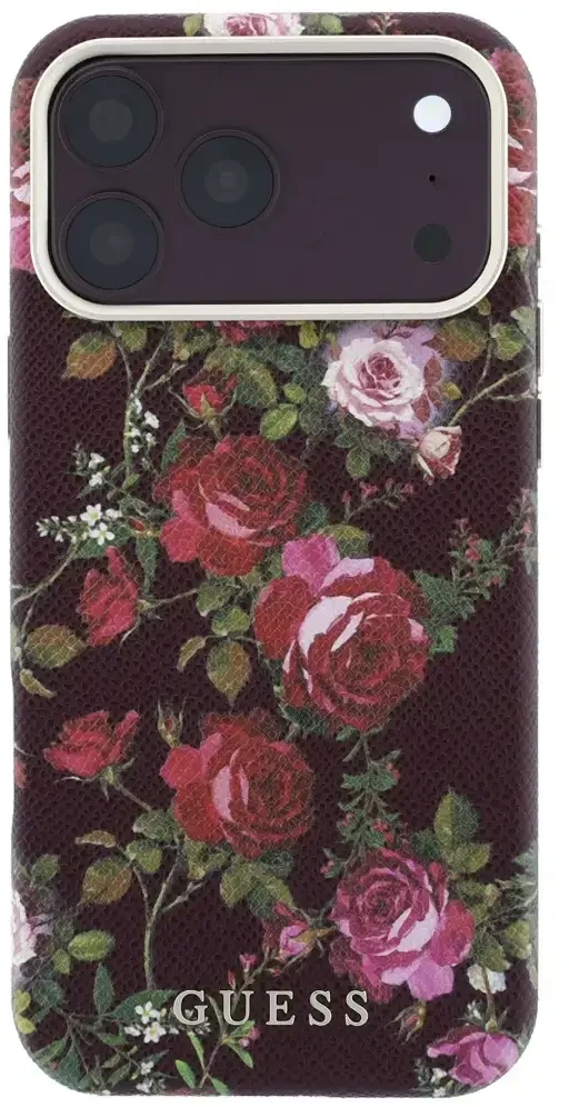 Dėklas Guess Blossom Roses Print MagSafe do iPhone 18 Pro Max / 17 Pro Max bordo spalvos