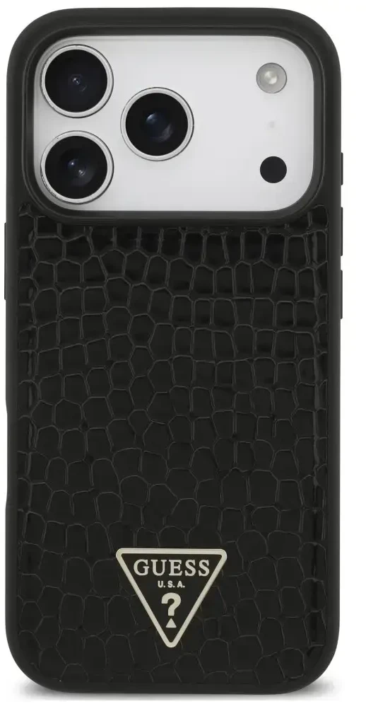 Dėklas Guess Croco Triangle Logo MagSafe do iPhone 18 Pro Max / 17 Pro Max juoda