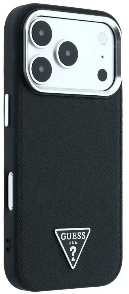 Dėklas Guess Grained Triangle Logo MagSafe do iPhone 18 Pro / 17 Pro juoda