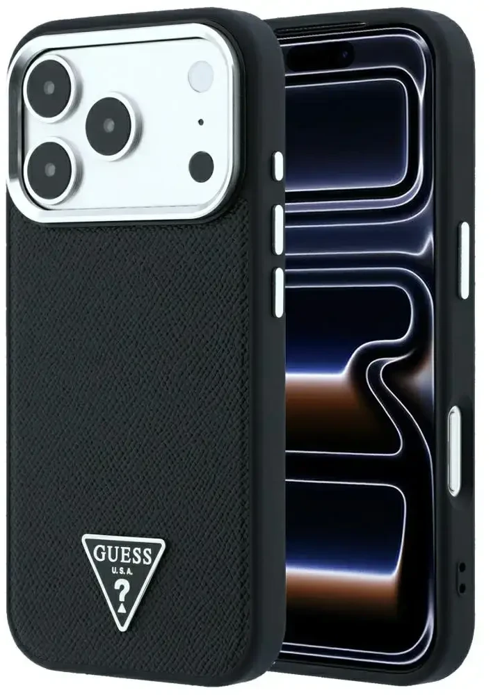 Dėklas Guess Grained Triangle Logo MagSafe do iPhone 18 Pro / 17 Pro juoda