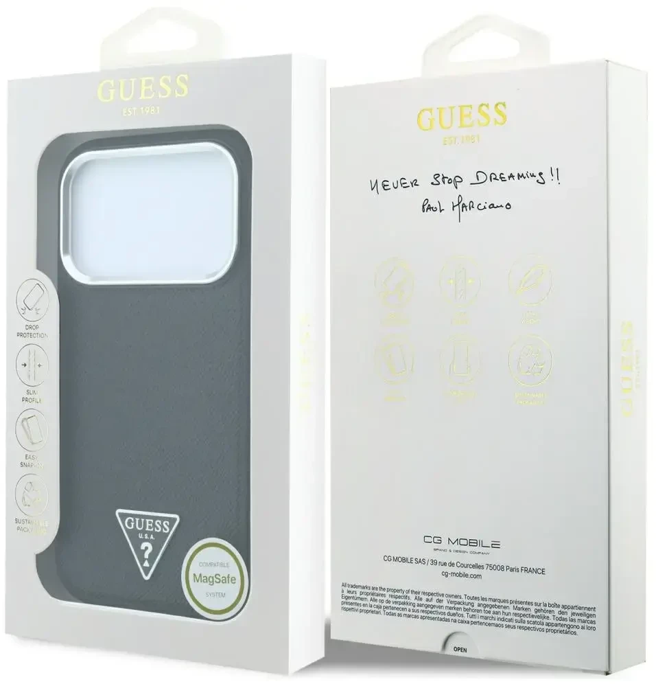 Dėklas Guess Grained Triangle Logo MagSafe do iPhone 18 Pro / 17 Pro juoda