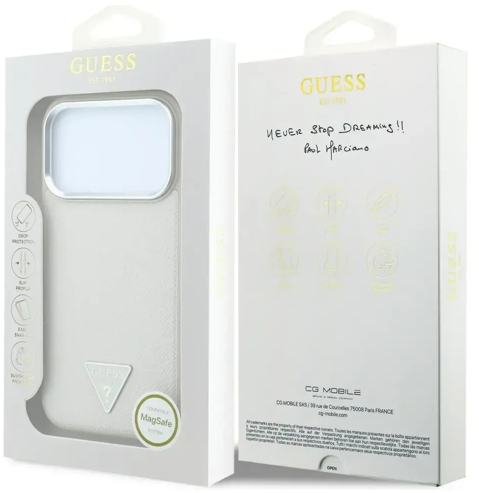Dėklas Guess Grained Triangle Logo MagSafe do iPhone 18 Pro Max / 17 Pro Max smėlio spalva