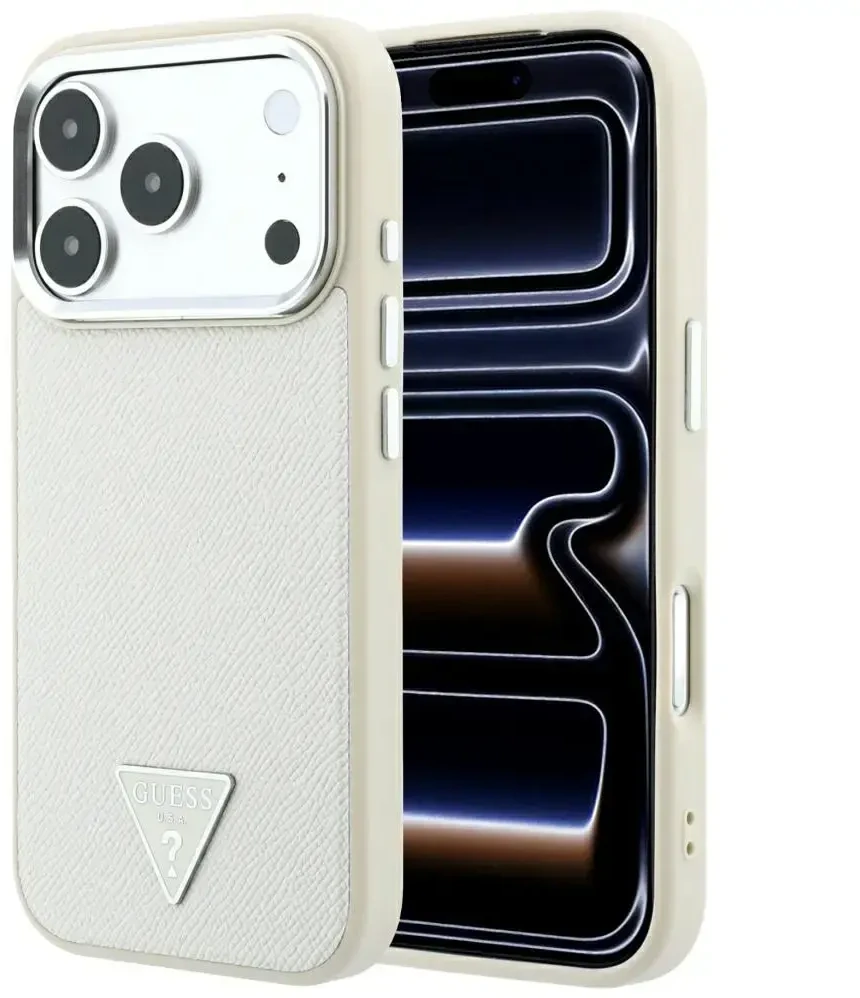 Dėklas Guess Grained Triangle Logo MagSafe, skirtas iPhone 18 Pro / 17 Pro, smėlio spalvos
