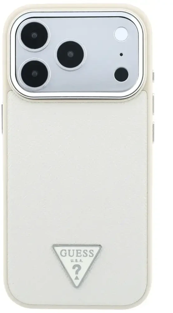 Dėklas Guess Grained Triangle Logo MagSafe do iPhone 18 Pro Max / 17 Pro Max smėlio spalva