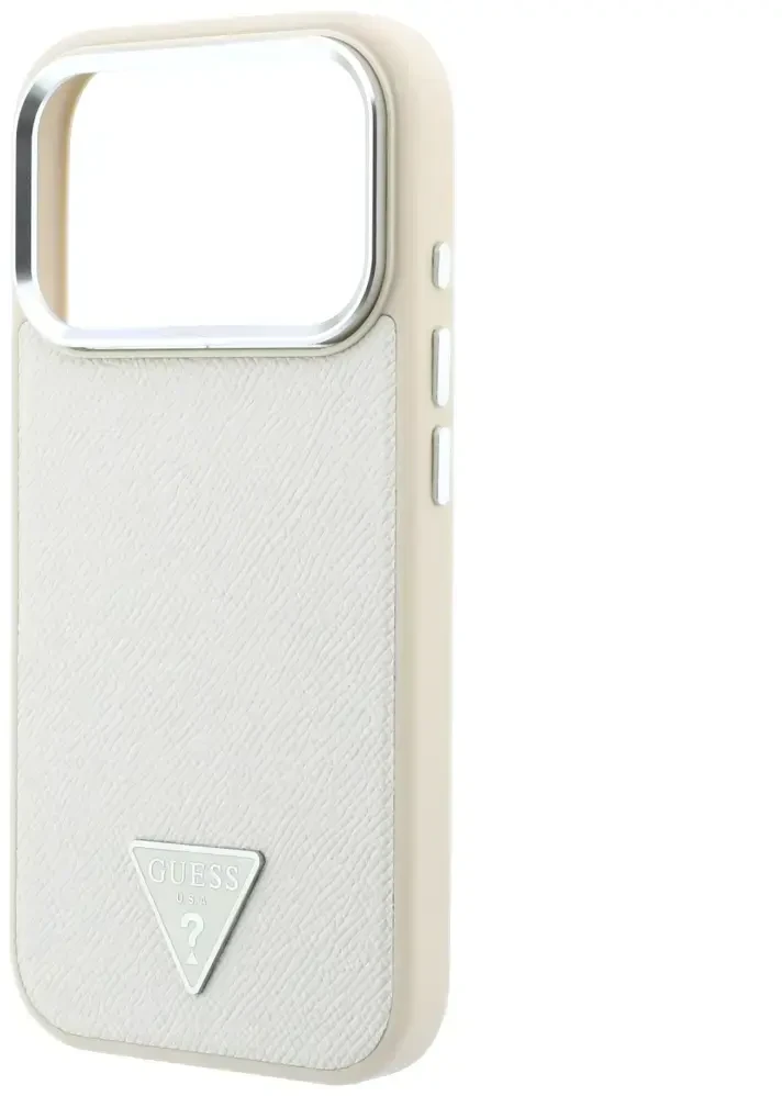 Dėklas Guess Grained Triangle Logo MagSafe do iPhone 18 Pro Max / 17 Pro Max smėlio spalva