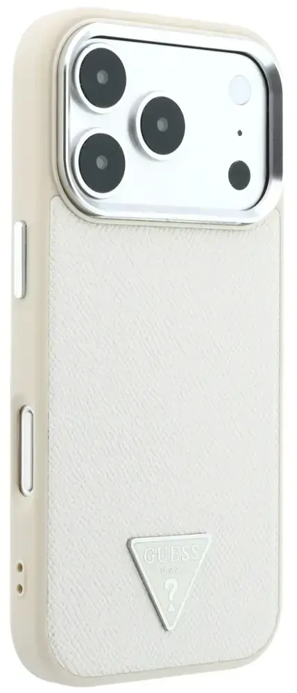 Dėklas Guess Grained Triangle Logo MagSafe do iPhone 18 Pro Max / 17 Pro Max smėlio spalva