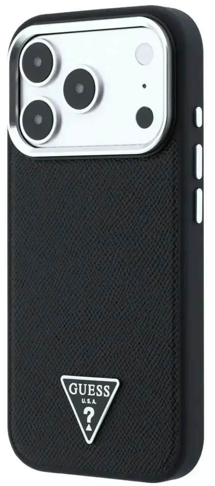 Dėklas Guess Grained Triangle Logo MagSafe do iPhone 18 Pro / 17 Pro juoda