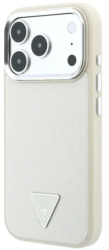 Dėklas Guess Grained Triangle Logo MagSafe, skirtas iPhone 18 Pro / 17 Pro, smėlio spalvos