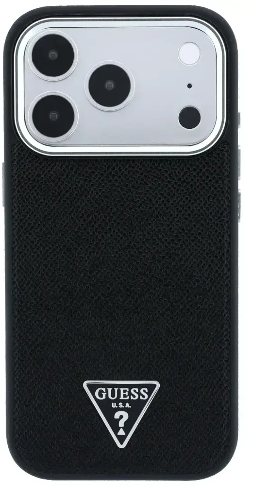 Dėklas Guess Grained Triangle Logo MagSafe do iPhone 18 Pro Max / 17 Pro Max juoda