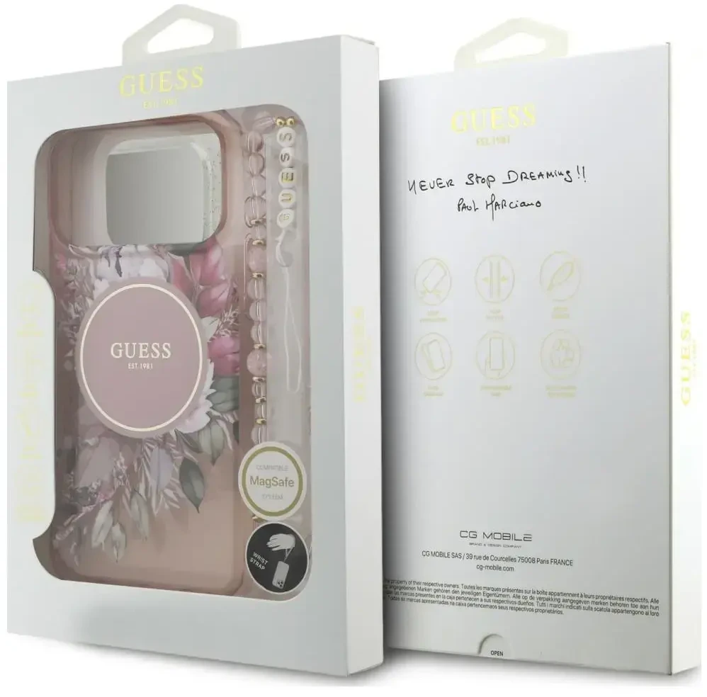 Dėklas Guess IML Flowers Pearl Strap MagSafe do iPhone 18 Pro / 17 Pro rožinė