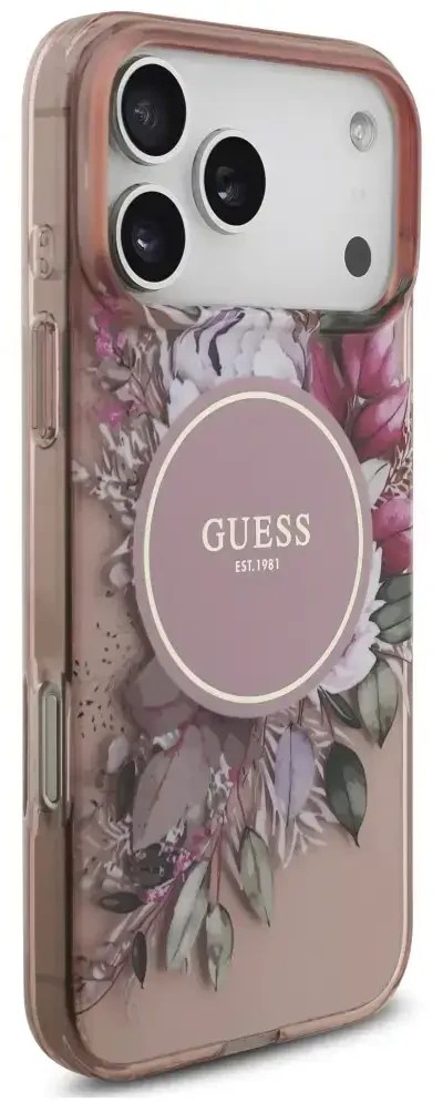 Dėklas Guess IML Flowers Pearl Strap MagSafe do iPhone 18 Pro / 17 Pro rožinė