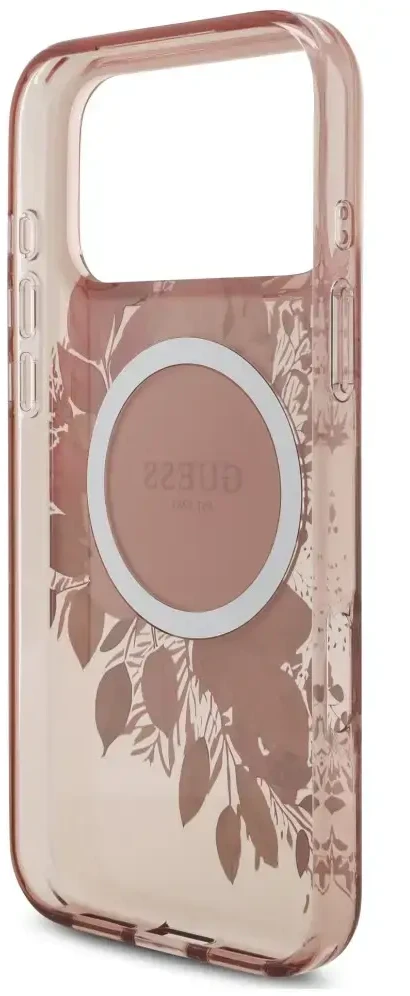 Dėklas Guess IML Flowers Pearl Strap MagSafe do iPhone 18 Pro / 17 Pro rožinė