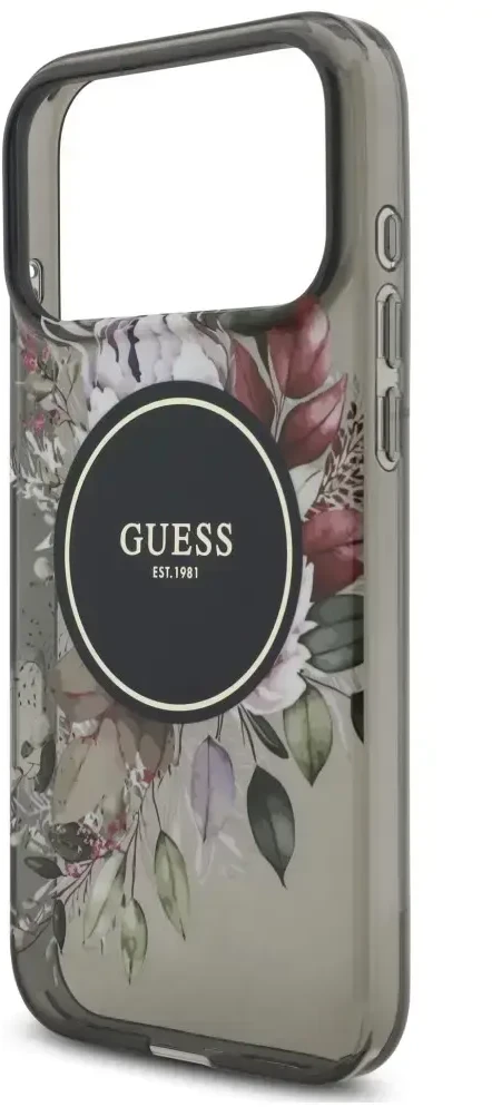 Dėklas Guess IML Flowers Pearl Strap MagSafe, skirtas iPhone 18 Pro Max / 17 Pro Max, juodas